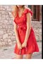 Women's Red, Ruffle Detail Belted Aerobin Fabric Dress 88cm (RED)