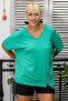 Women's Green V-Neck Bat Sleeve Striped Maxi Oversize Casual Knitted Blouse - 5