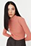 Dusty Rose Fitted High Collar Long Sleeve Ribbed Stretchy Knitted Blouse TWOAW21BZ0423 - 10