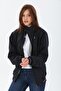 Women's Oversize Waterproof Navy Blue Ribbed Collar Lined Inner Pocket Daily Seasonal Coat - 2