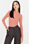 Dusty Rose Fitted High Collar Long Sleeve Ribbed Stretchy Knitted Blouse TWOAW21BZ0423 - 9