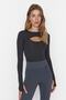 Koyu Antrasit Crop Pencere/Cut Out ve Baş Parmak Delik Detaylı Örme Spor Üst/Bluz TWOAW22BZ0481 - 2