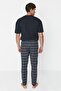 Lacivert İndigo Ekoseli Regular Fit Dokuma Unisex Pijama Altı Eşofman TMNAW23PJ00014 - 6