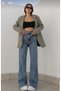 Hera Dark Blue Snow Wash Loose Palazzo Wideleg Jean Power Lycra Women's High Waist