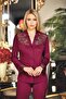 561 Combed Cotton Lace Short Six Pieces Nightgown Dressing Gown Set Claret Red - 4