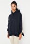 Lacivert Pamuklu Renk Bloklu Geniş Kalıp İçi Polarlı Örme Spor Sweatshirt TWOSS22SW0074 - 2