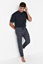 Lacivert İndigo Ekoseli Regular Fit Dokuma Unisex Pijama Altı Eşofman TMNAW23PJ00014 - 3