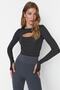 Koyu Antrasit Crop Pencere/Cut Out ve Baş Parmak Delik Detaylı Örme Spor Üst/Bluz TWOAW22BZ0481 - 3