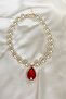 Dorica Detail Pearl Necklace with Red Crystal Pendant - 2