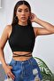 Women's Black Cross-Tie Crop Top Blouse