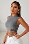 Kadın Gri Çapraz Bağlamalı Crop Top Bluz - 5