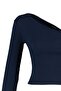 Indigo Fitted/Vücuda Oturan Asimetrik Yaka Omzu Açık Fitilli Esnek Örme Bluz TWOAW23BZ00088 - 10