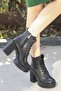Jvl 004 Lace Detail High Heel Boots Black Leather - 3