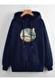 Anime Totoro Printed Unisex Navy Blue Kangaroo Pocket Hooded Sweatshirt Hoodie - 2