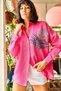 Women's Fuchsia Palm Sequin Detailed Oversize Woven Poplin Shirt GML-19001016