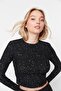 Black Patterned Fitted Crew Neck Crop Stretchy Knitted Blouse TWOAW22BZ0505 - 2