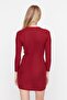 Claret Red Fitted Mini Stand Collar Ribbed Flexible Knitted Pencil Dress TWOAW21EL2244 - 6