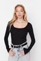 Siyah Kare Yaka Uzun Kollu Fitilli Esnek Çıtçıtlı Örme Body TWOAW21BD0022 - 4