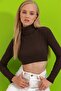Women's Brown Turtleneck Ribbed Basic Crop Body Blouse ALC-695-001 - 3