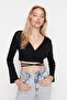 Black Ribbed Fitted Long Sleeve Double Breasted Crop Cotton Stretch Knitted Blouse TWOAW21BZ1140 - 2