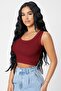 Kadın Bordo Kare Yaka Crop Top Bluz - 5