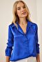 Women's Cobalt Blue Lightly Flowy Satin Surface Shirt DD00990
