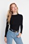 Siyah Fitted/Vücuda Oturan Dik Yaka Fitilli Esnek Örme Body TWOAW20BD0011