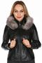 Genuine Lambskin Black Hooded Furry Sleeve Embroidered Women's Leather Coat - 2