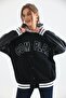 Unisex Complex Embroidered Sleeve Detail Hooded College Jacket - black