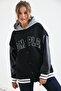 Unisex Complex Embroidered Sleeve Detail Hooded College Jacket - black - 3