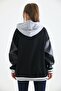 Unisex Complex Embroidered Sleeve Detail Hooded College Jacket - black - 8