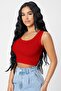 Kadın Kırmızı Kare Yaka Crop Top Bluz - 5
