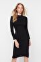 Black Body-Hugging Slit Crew Neck Midi Ribbed Stretchy Knitted Pencil Dress TWOAW21EL0135 - 6