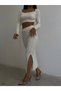 Top Long Sleeve Crop Bottom Low-Cut Slit Skirt Knitwear Set - 2