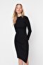 Black Body-Hugging Slit Crew Neck Midi Ribbed Stretchy Knitted Pencil Dress TWOAW21EL0135 - 7