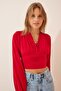 Women's Red Deep V-Neck Crop Sandy Knitted BF00050 - 2