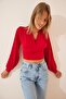 Women's Red Deep V-Neck Crop Sandy Knitted BF00050 - 3