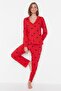 Kırmızı %100 Pamuklu Kalpli Örme Pijama Takımı THMAW21PT0548 - 5