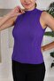 Women's Stand Collar Zero Sleeve Embossed Pattern Purple Knitwear Blouse - 2