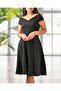 Off Shoulder Skirt Pleated Midi Length Crepe Fabric Dress - 4