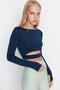 Koyu Lacivert Crop Pencere/Cut Out ve Baş Parmak Delik Detaylı Örme Spor Üst/Bluz TWOAW21BZ0156 - 4
