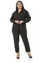 Large Size Black Women's Jumpsuit with Elastic Waist and Back Pockets, Belted Sleeve and Rubber Detail