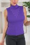 Women's Stand Collar Zero Sleeve Chest V Stone Detail Purple Knitwear Blouse - 3