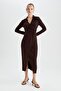 Bodycon V-Neck Midi Long Sleeve Dress