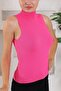 Women's Turtleneck Zero Sleeve Knitted Pattern Fuchsia Knitwear Blouse - 3