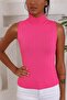 Women's Turtleneck Zero Sleeve Fuchsia Knitwear Blouse - 2
