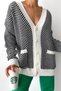 Women's Black and White Button Detailed Double Pocket Knitwear Cardigan