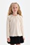 Ecru Long Sleeve Crew Neck Ribbed T-Shirt with Embroidery Garnish on the Collar