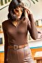 Women's Bitter Brown Zippered Turtleneck Lycra Blouse BLZ-19001155