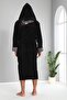 Black Hooded Embroidered Bamboo Cotton Long Men's Bathrobe - 3